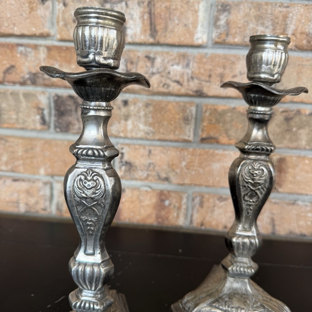 Vintage Ornate Metal Candlestick Holders Pair 9.5" Victorian Style Pewter Finish - Picture 6 of 8